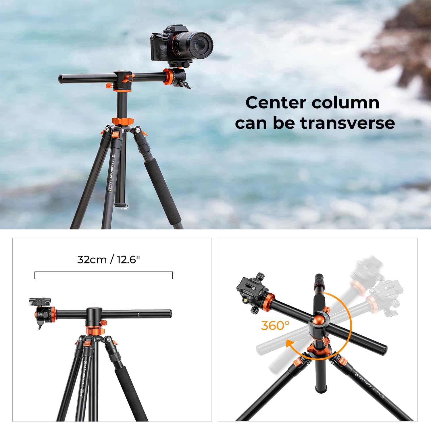 K&F Concept 74 Inch Camera Tripod,Professional Center Axis Horizontal Tripods With Detachable Monopod,360 Degree Ball Head,Quick Release Plate Compatible With Dslr Cameras T254A6+Bh 28L(Sa254T3)