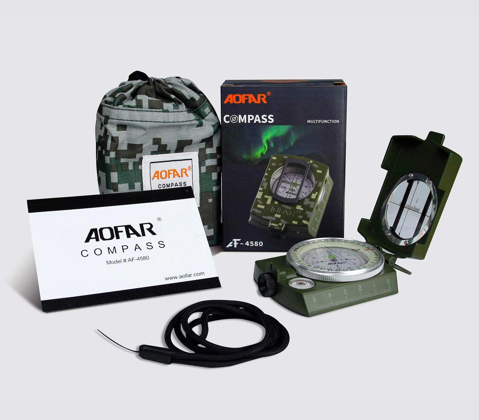 Aofar Military Compass Af 4580 Lensatic Sighting Navigation, Waterproof And Shakeproof With Map Measurer Distance Calculator, Po