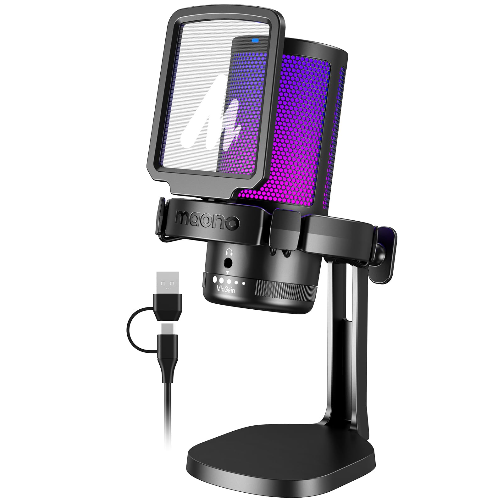 Maono Usb Gaming Microphone For Pc, Noise Cancellation Condenser Mic With Rgb Lights, Mute, Gain For Streaming, Recording, Podca