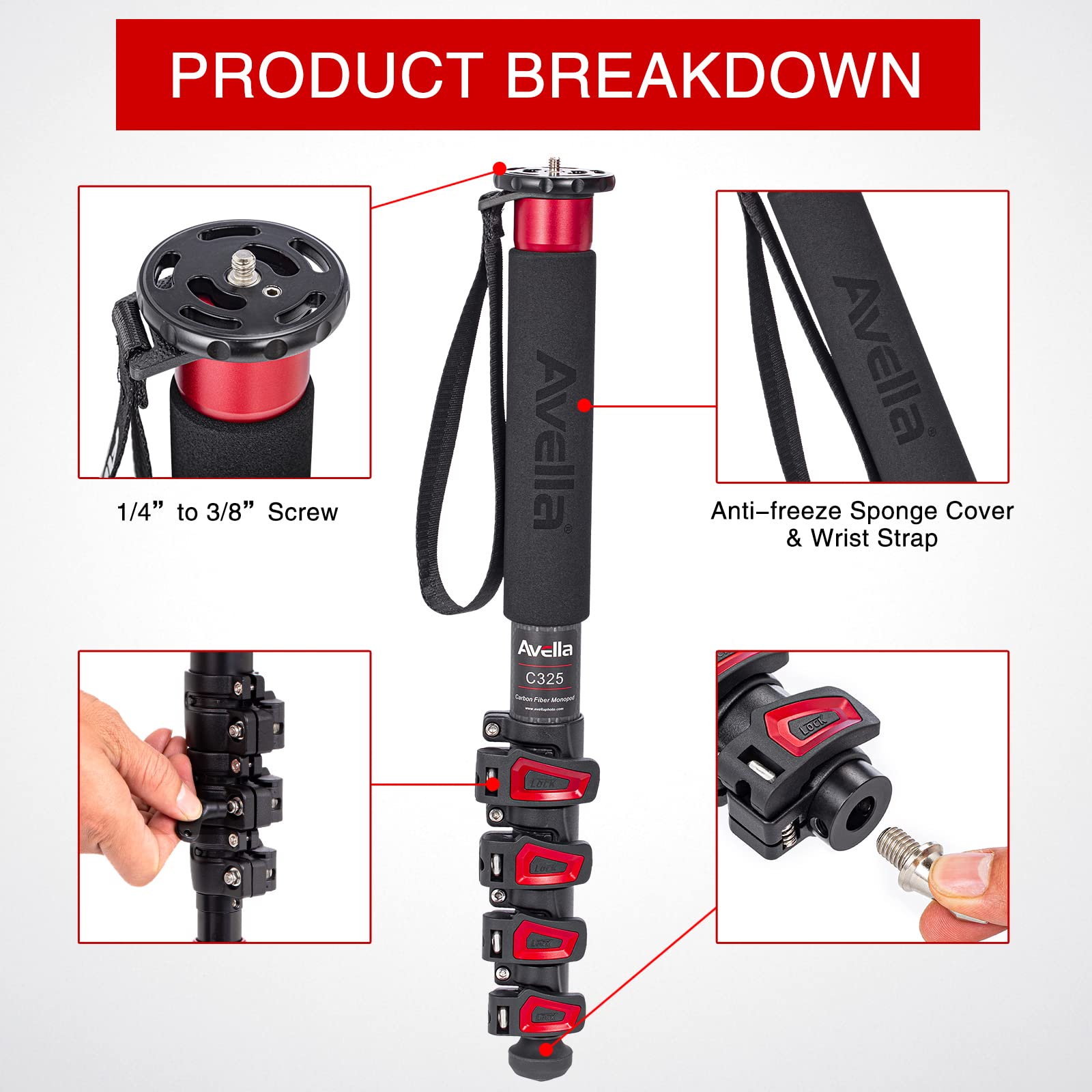 Avella C325 58 Inch Carbon Fiber Camera Monopod Professional Telescopic Monopods For Canon Nikon Sony Olympus Panasonic Dslr Camera Black