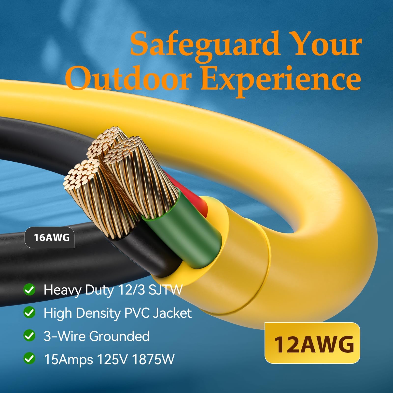Bbounder Outdoor Extension Cord 50 Ft Waterproof, 12/3 Sjtw Heavy Duty 15A 1875W, Flexible 100% Copper 3 Prong Cords For Commerc