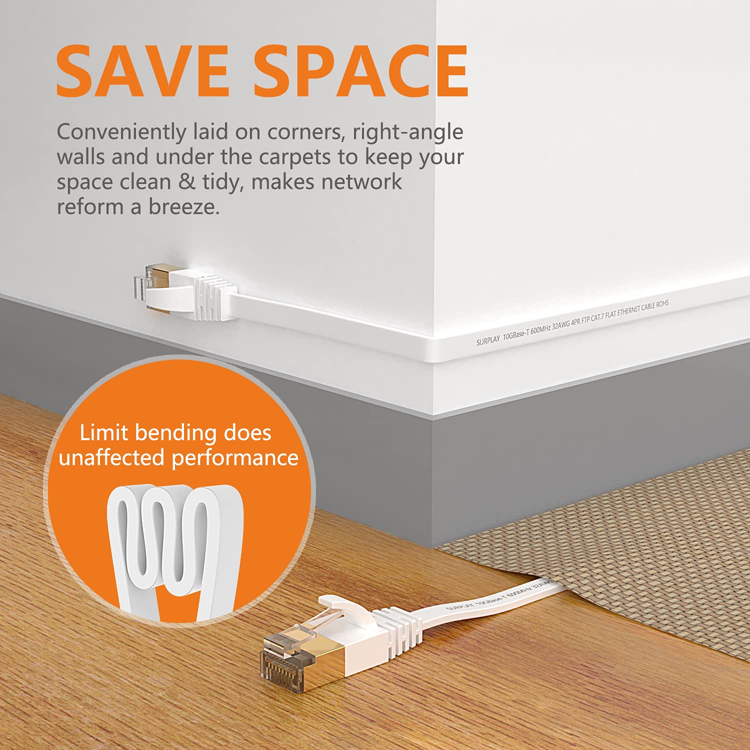 Surplay Cat7 3Pack 10Ft Ethernet Cable White 10Gbps Shielded & Ground Wire Internet Network Flat Patch Cord,Ultra Slim Gold Plat