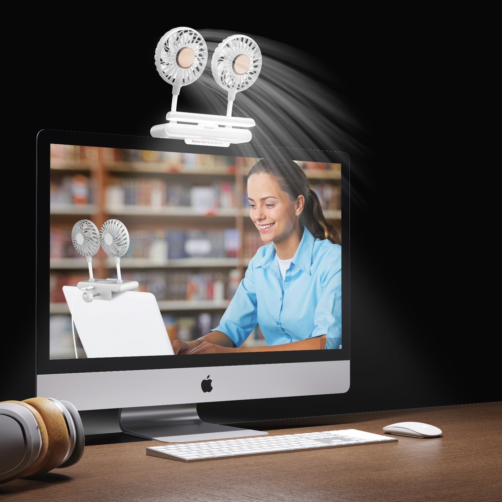 Binguowang Monitor Fan Double Head With Clamp & Light Bar, Desk Lamp With Fan For Home Office Portable Laptops Fan Pc Fan Tablet