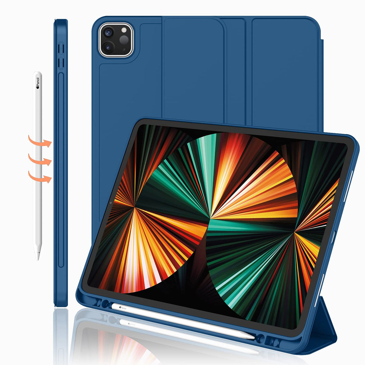 Imieet New Ipad Pro 12.9 Case 2022(6Th Gen)/2021(5Th Gen) With Pencil Holder [Support Ipad 2Nd Pencil Charging/Pair],Trifold Stand Smart Case With Soft Tpu Back,Auto Wake/Sleep(Navy Blue)