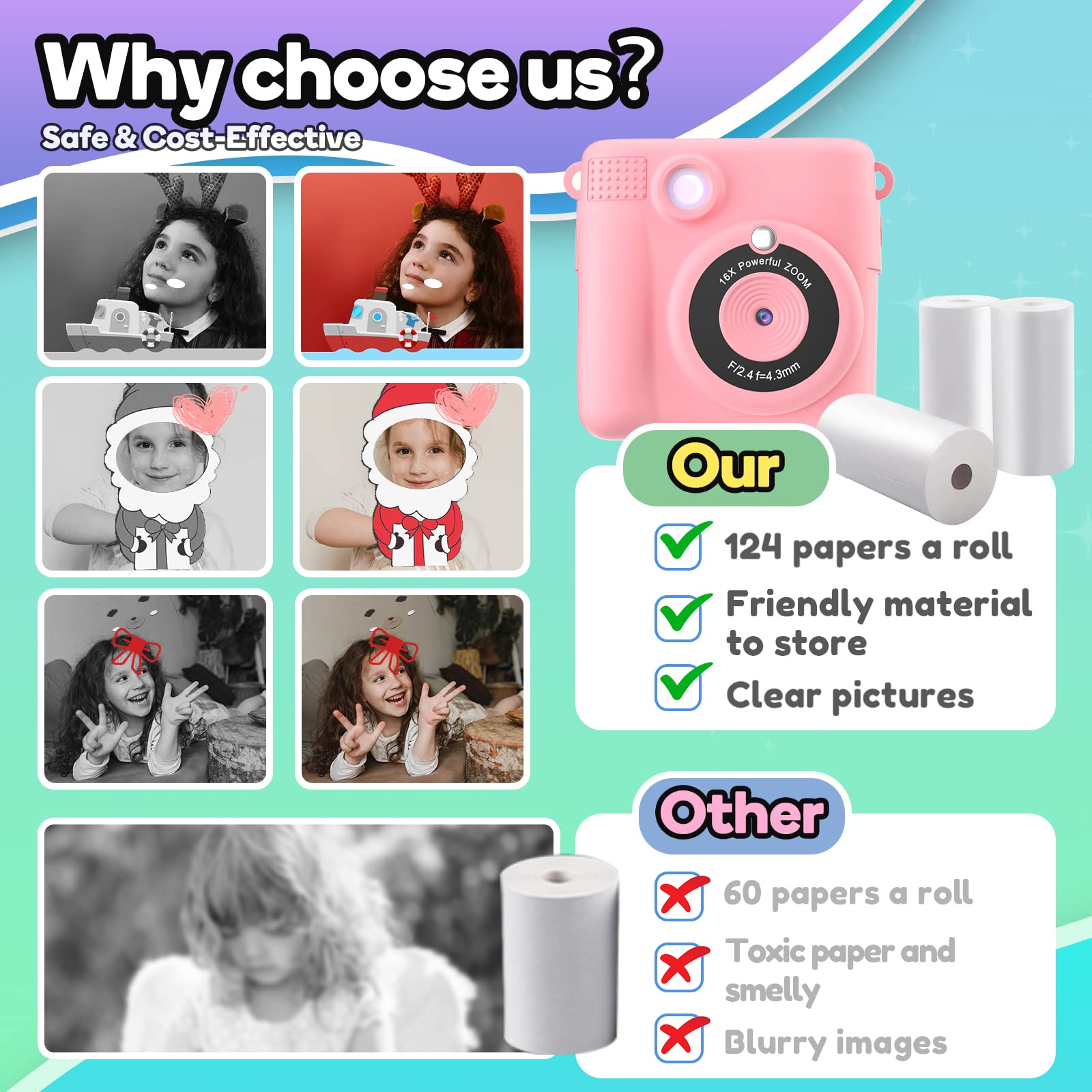 Esoxoffore Printer Paper,6 Rolls For Kids Instant Print Camera,Hd Printing Thermal Print Paper Set Portable Refill Print Paper
