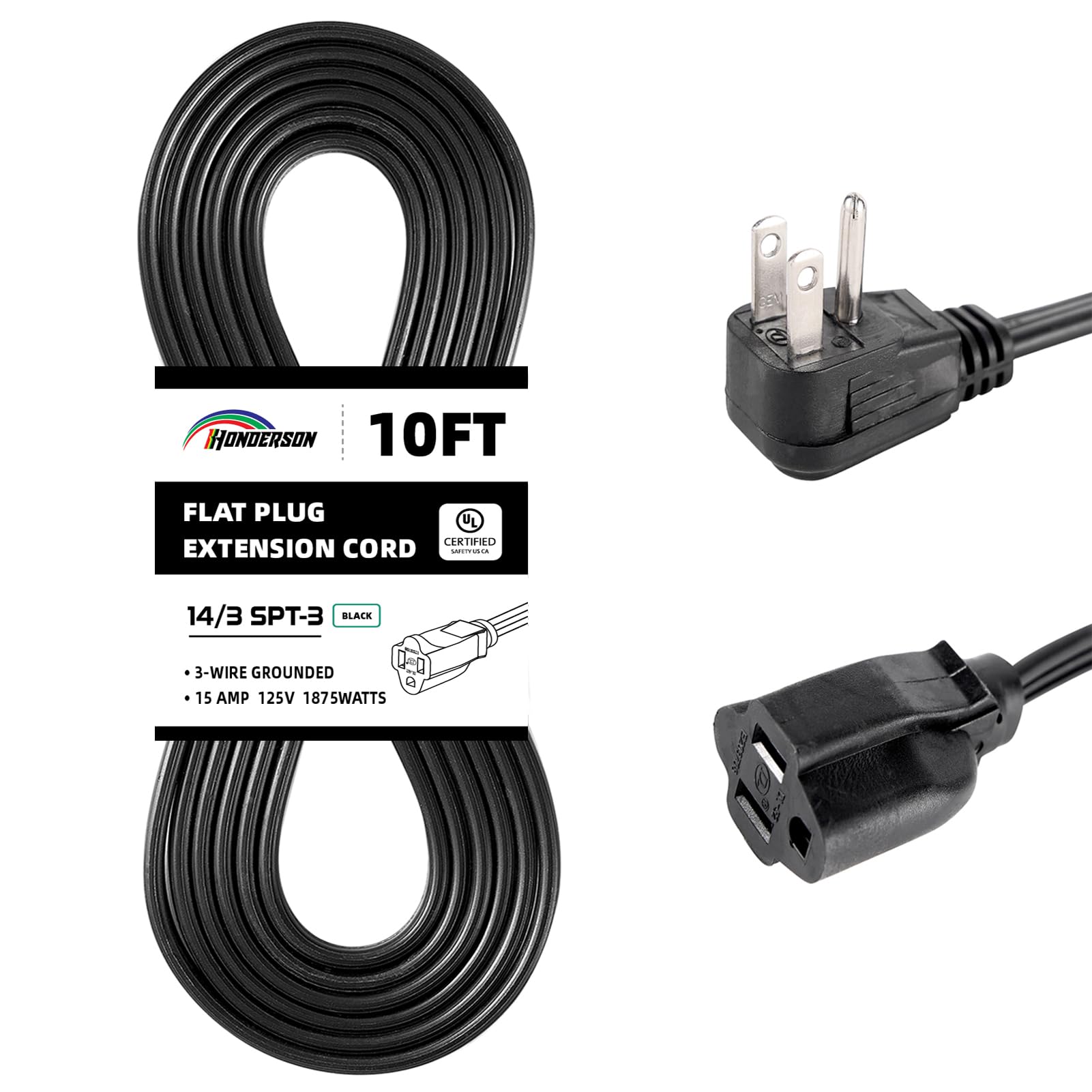 Honderson Flat Plug Extension Cord, Ul Listed, Indoor Extension Cord 14 Gauge 10Ft Black, 14/3 Spt 3 15A 3 Prong Grounded Power