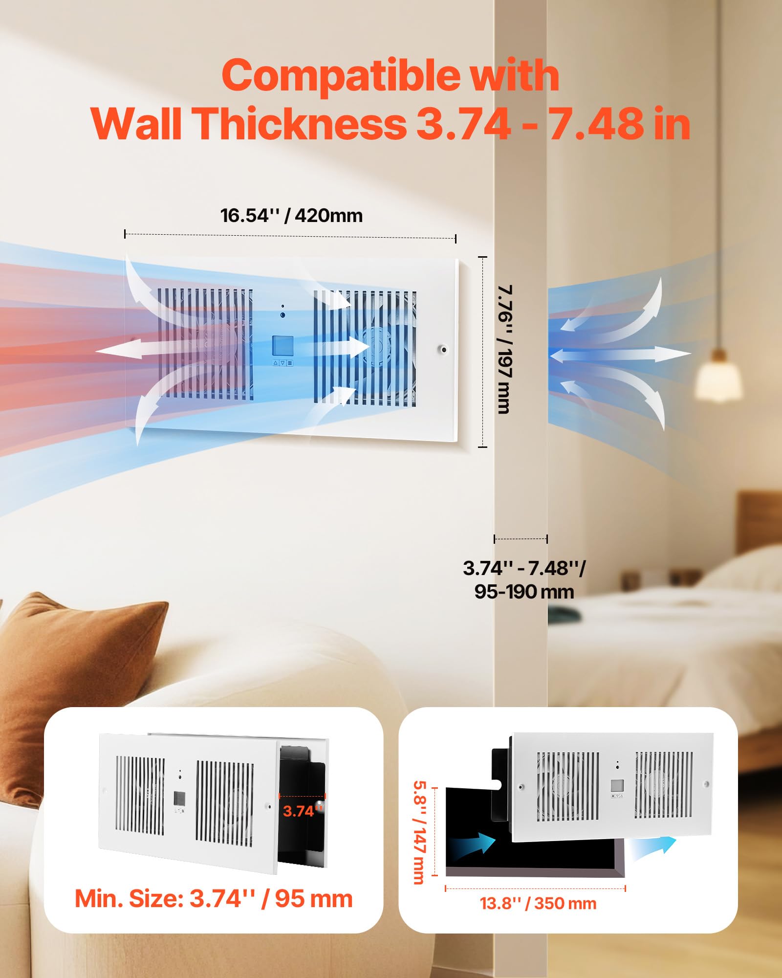 Vevor Room To Room Fan, Adjustable Dual Airflow Through-The-Wall Fan With Remote & Temperature Control, 300 Cfm 10-Speed Ventila
