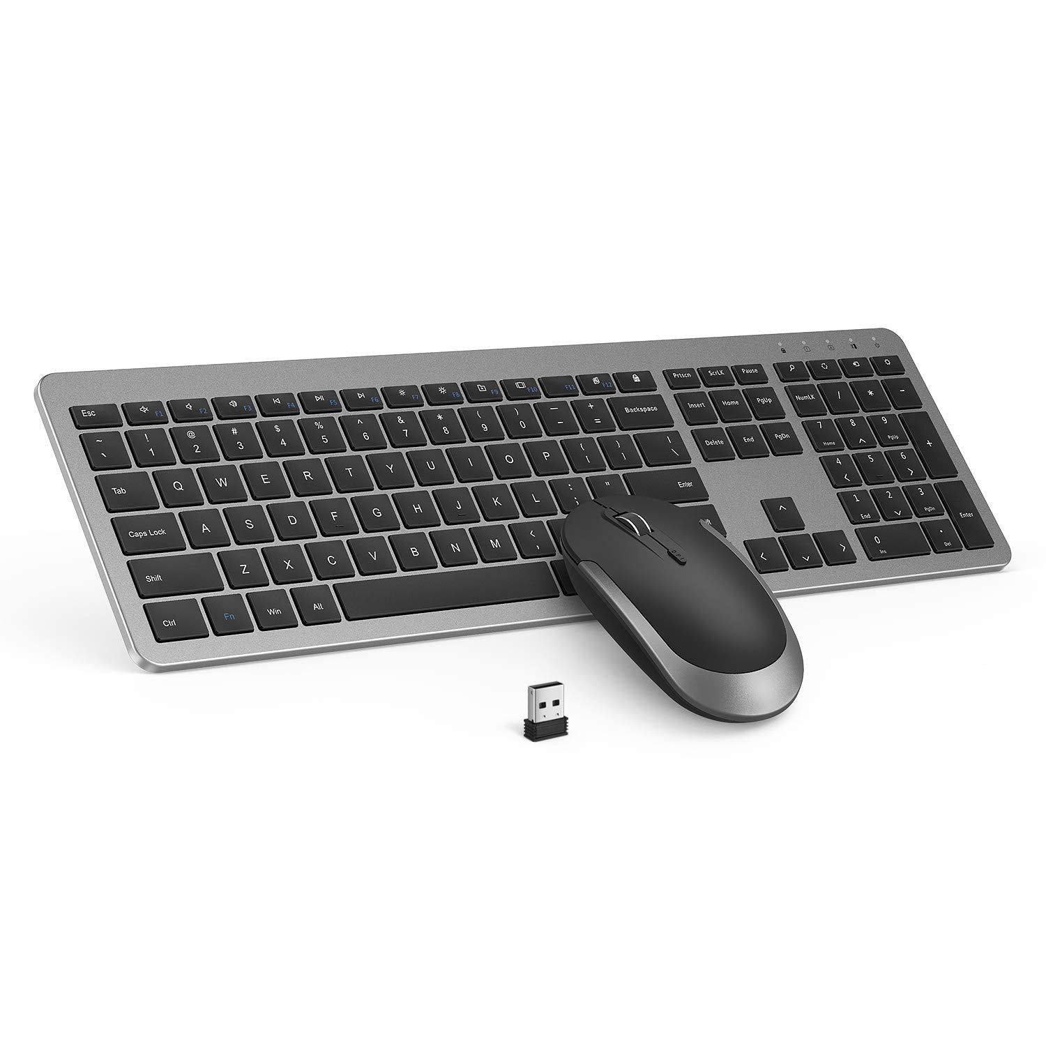 Wireless Keyboard And Mouse Combo   Full Size Slim Thin Wireless Keyboard Mouse With Numeric Keypad 2.4G Stable Connection Adjustable Dpi (Grey & Black)