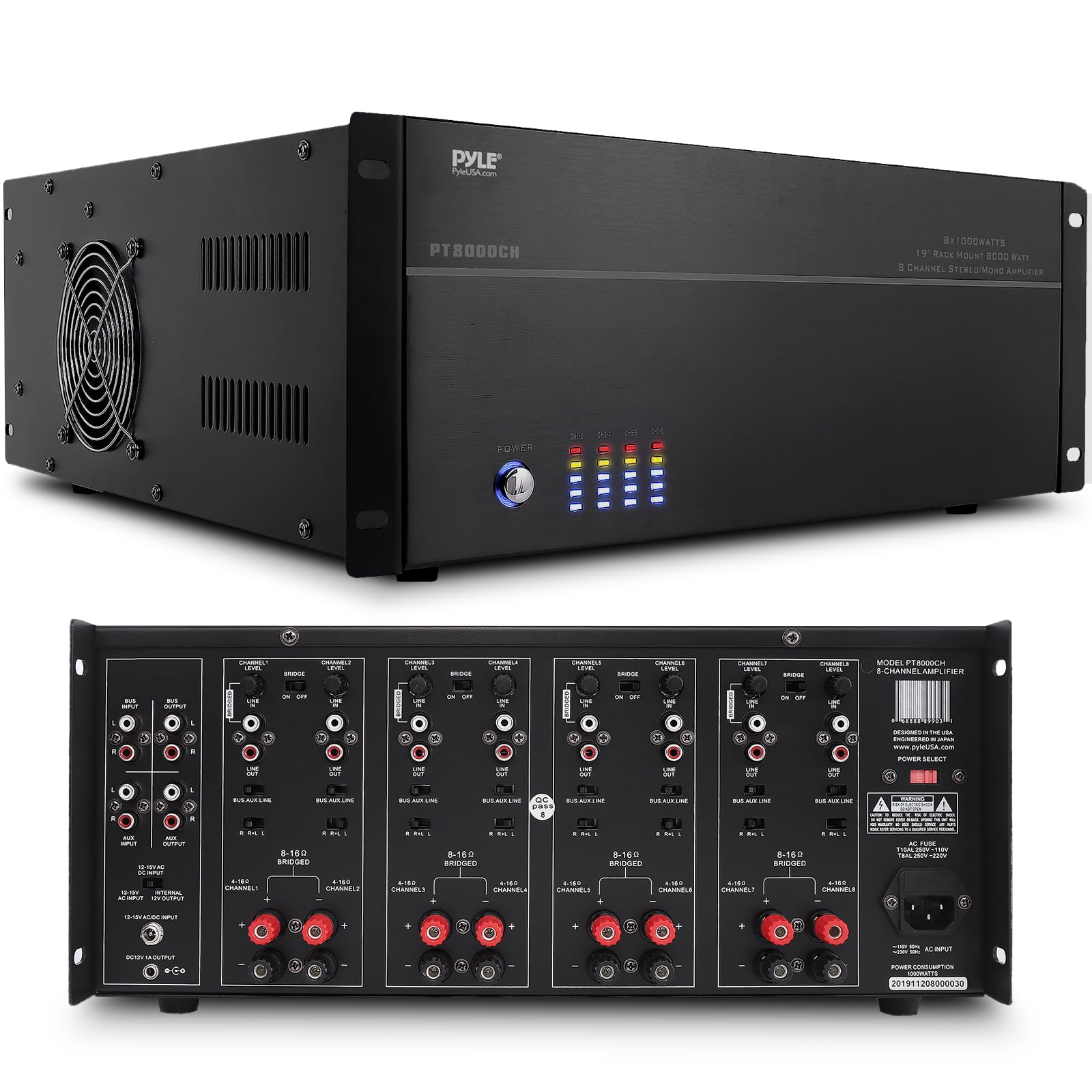 Pyle 4 Multi-Zone Stereo Amplifier - 19    Rack Mount, Powerful 8000 Watts with Speaker Selector Volume Control & LED Audio Leve