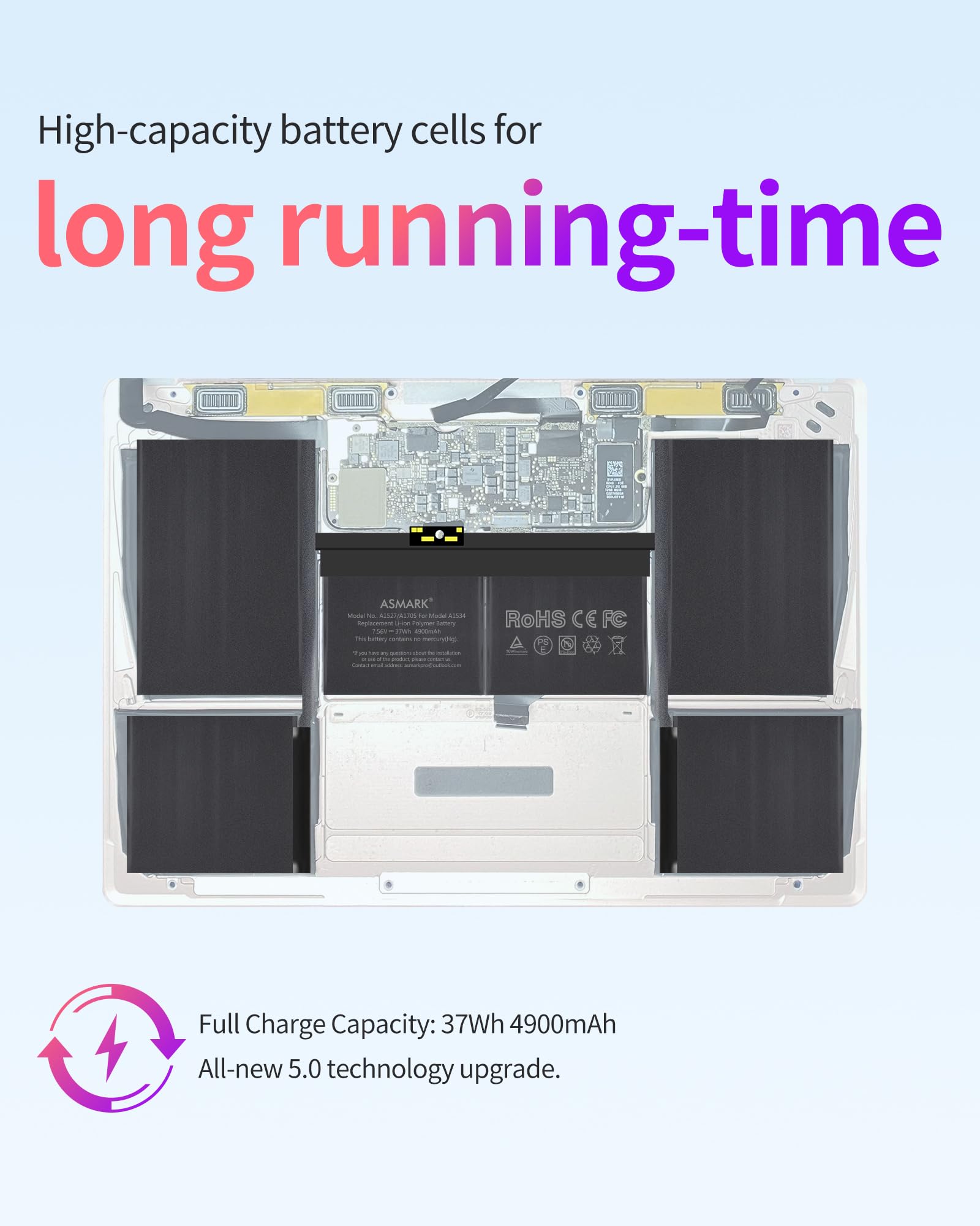 Asmark Battery Replacement For Macbook A1534 (2015, 2016, 2017) 12 Inch A1527/A1705 Battery