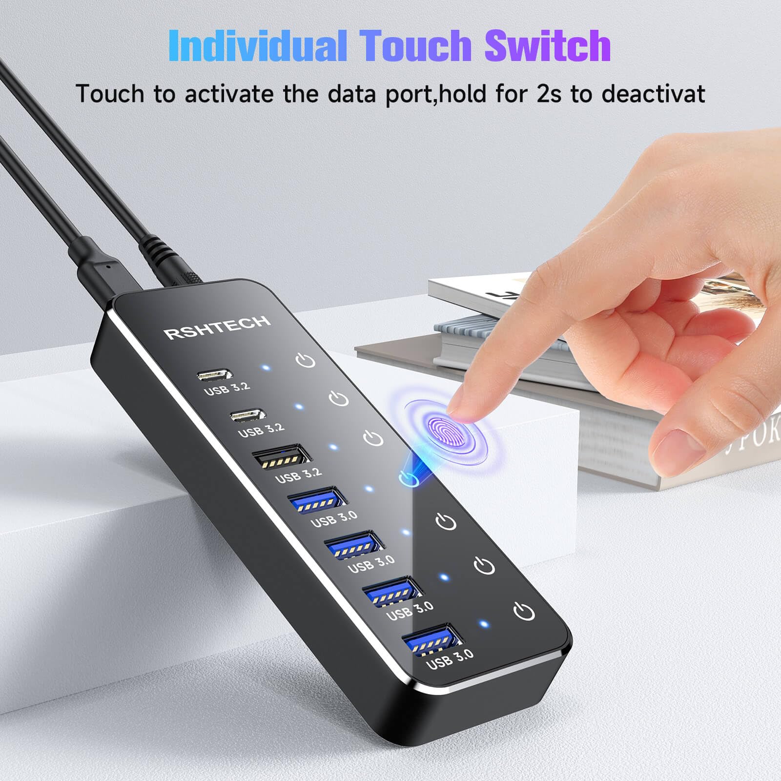 Rshtech 7 Port Powered Usb 3.2/Usb C Hub With 10Gbps Usb A 3.2, 2 Usb C 3.2, 4 Usb 3.0 Ports, Individual Touch Switches, 3.3Ft C