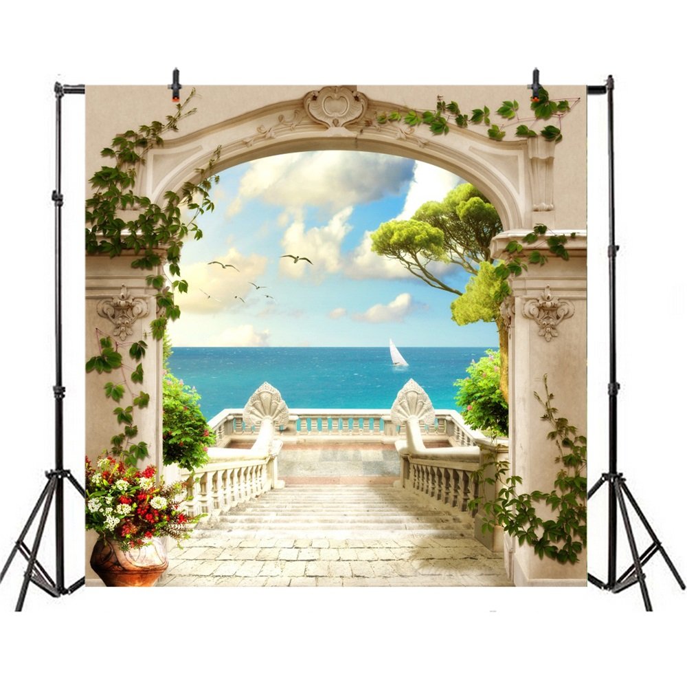Laeacco Italy Scenery Fresco Backdrop 10X10Ft Vinyl Photography Background European Viewing Platform Arch Door Stairway Towards