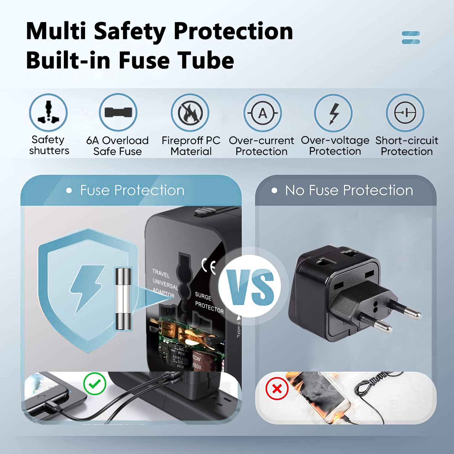 Travel Adapter, Worldwide All In One Universal Travel Adaptor Ac Power Plug Adapter Wall Charger With Usb C And Usb A Charging Ports For Usa Eu Uk Aus Black