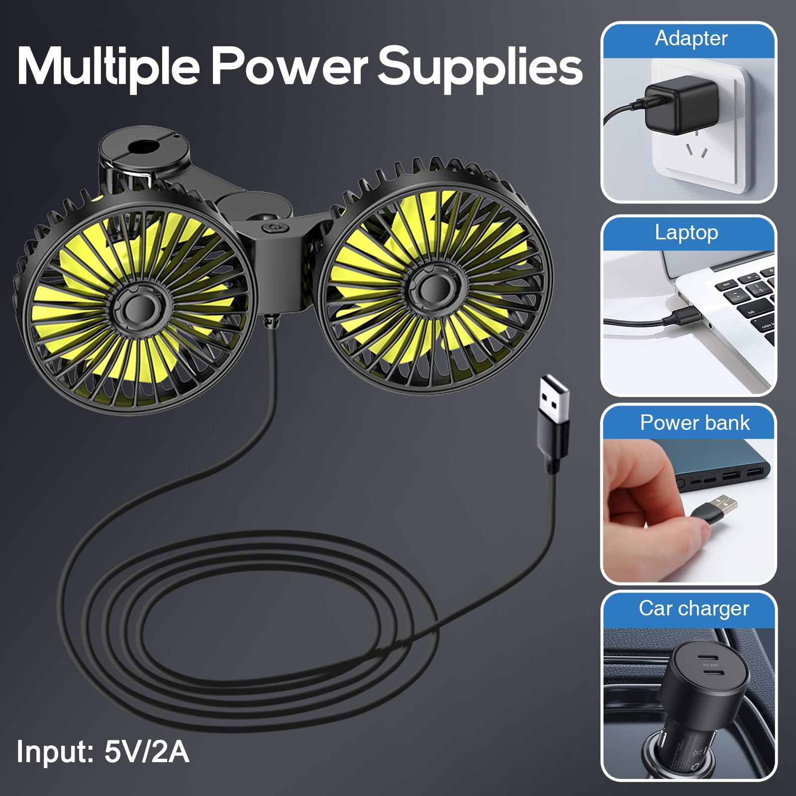 Dealswin Car Fan For Backseat Kids, Dual Head Usb Car Seat Fan, 360 Rotatable Strong Wind Car Rear Headrest Fan For Baby, Air Ci