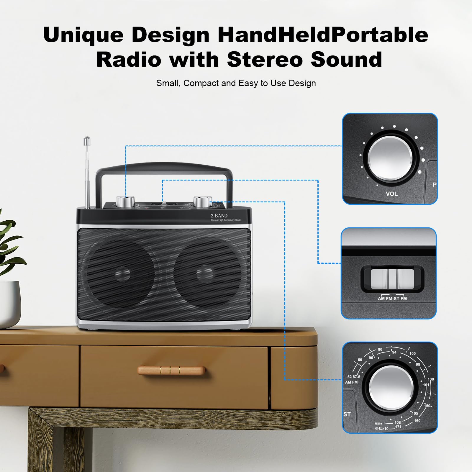 Audiocrazy Portable Am Fm Radio With Best Reception, Transistor Radio With Bluetooth Plug In Wall Or Battery Powered,Stereo Radi