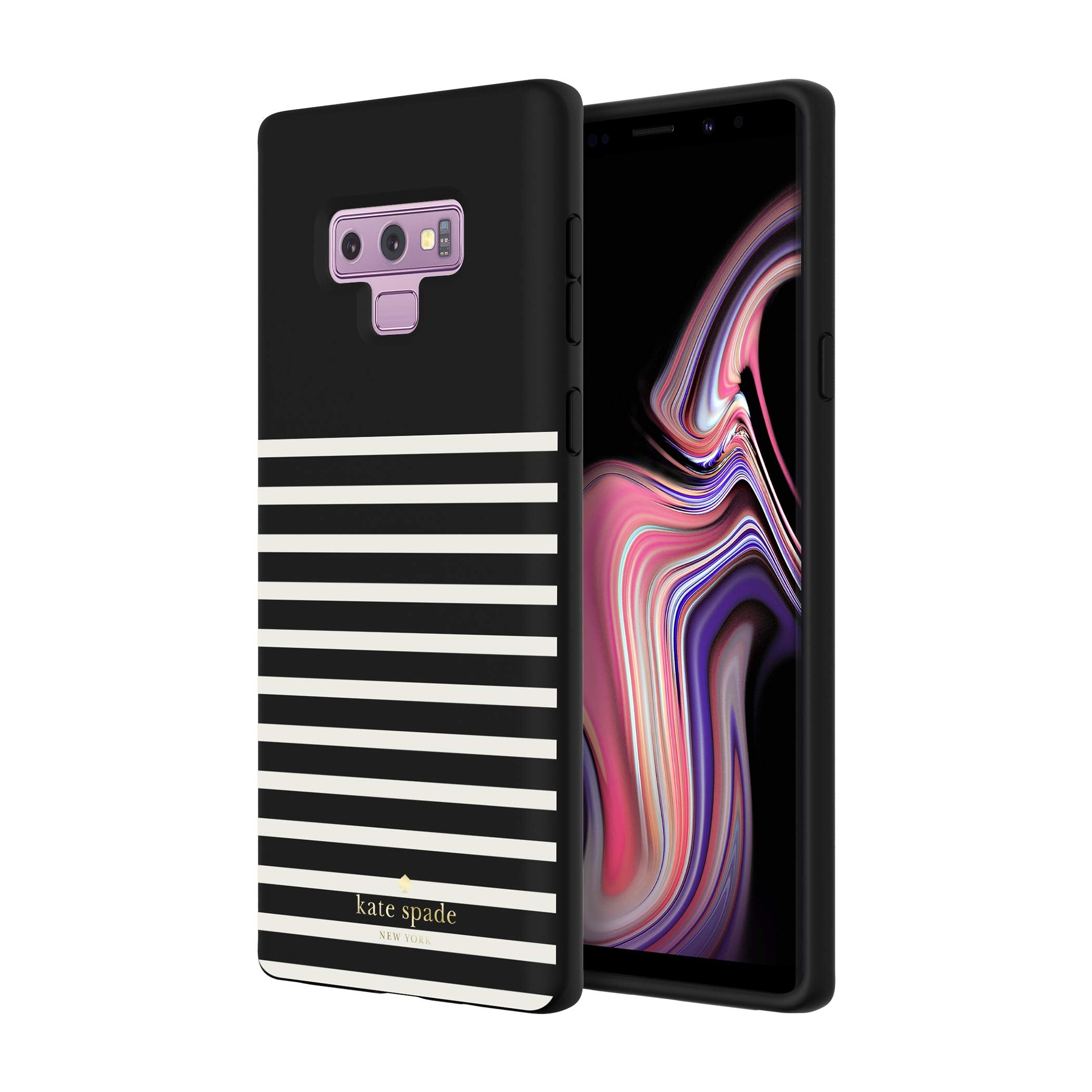 Kate Spade New York Protective Hardshell Case For Samsung Galaxy Note9   Soft Touch Feeder Stripe Black/Cream/Gold Logo