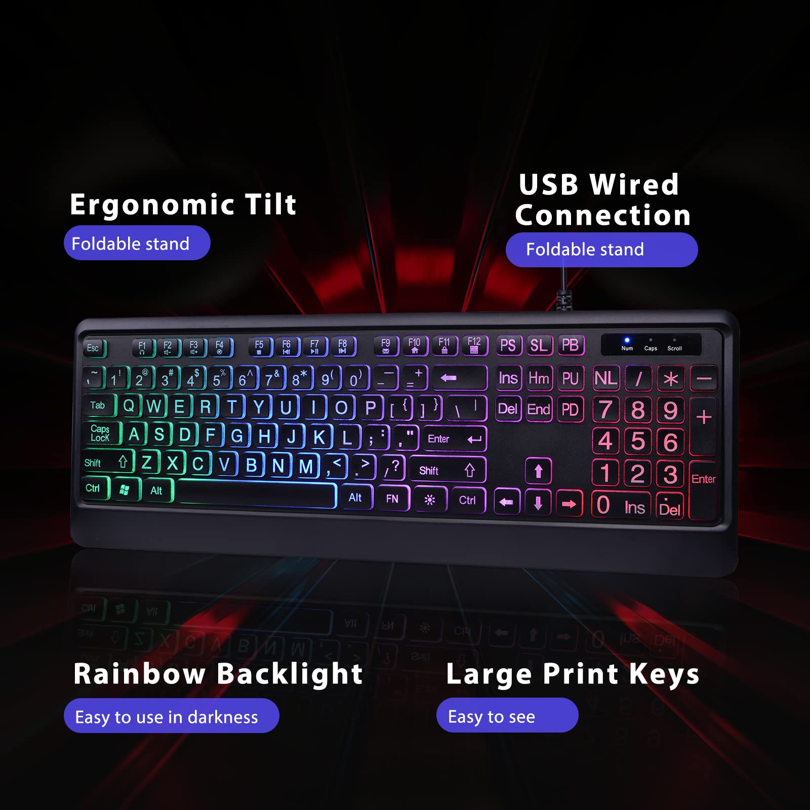 Kopjippom Backlit Wired Keyboard   Large Print Computer Keyboards With Rainbow Backlight, Silent Usb Wired Keyboard, Light Up Ke
