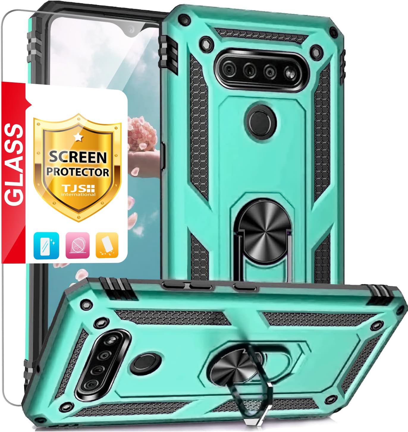TJS Compatible with LG K51 Case, LG Q51 Case, LG Reflect Case, with [Tempered Glass Screen Protector][Metal Ring][Magnetic Suppo