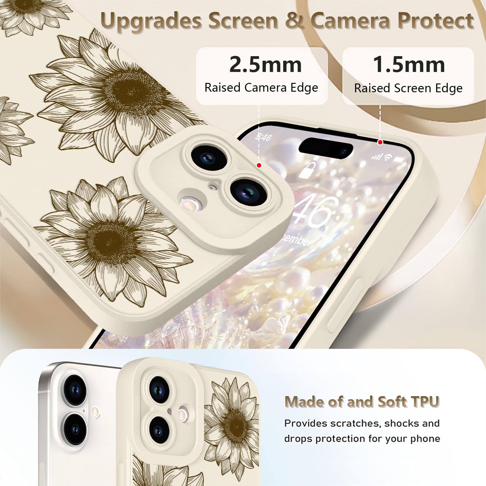 Ook Floral Case For Iphone 16 Case, Cute Sunflower Floral Blooms Design Soft Tpu Shockproof Protective For Women Girls Slim Phon