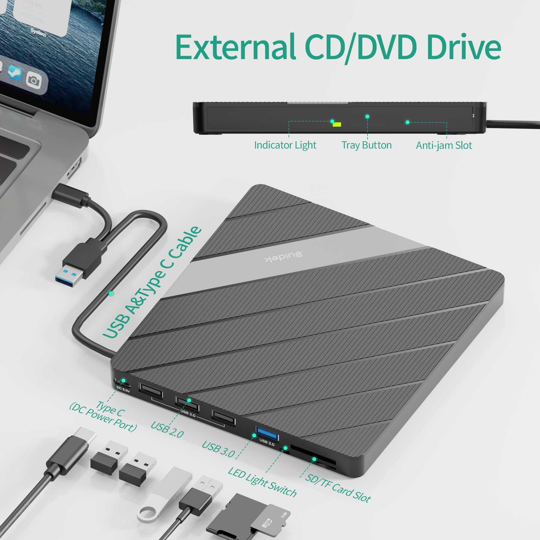 Suidek External Cd Dvd Drive Usb C Usb 3.0, Portable Cd Dvd +/ Rw Burner Dvd Player For Laptop 8 In 1 Hub With Sd/Micro Sd Card