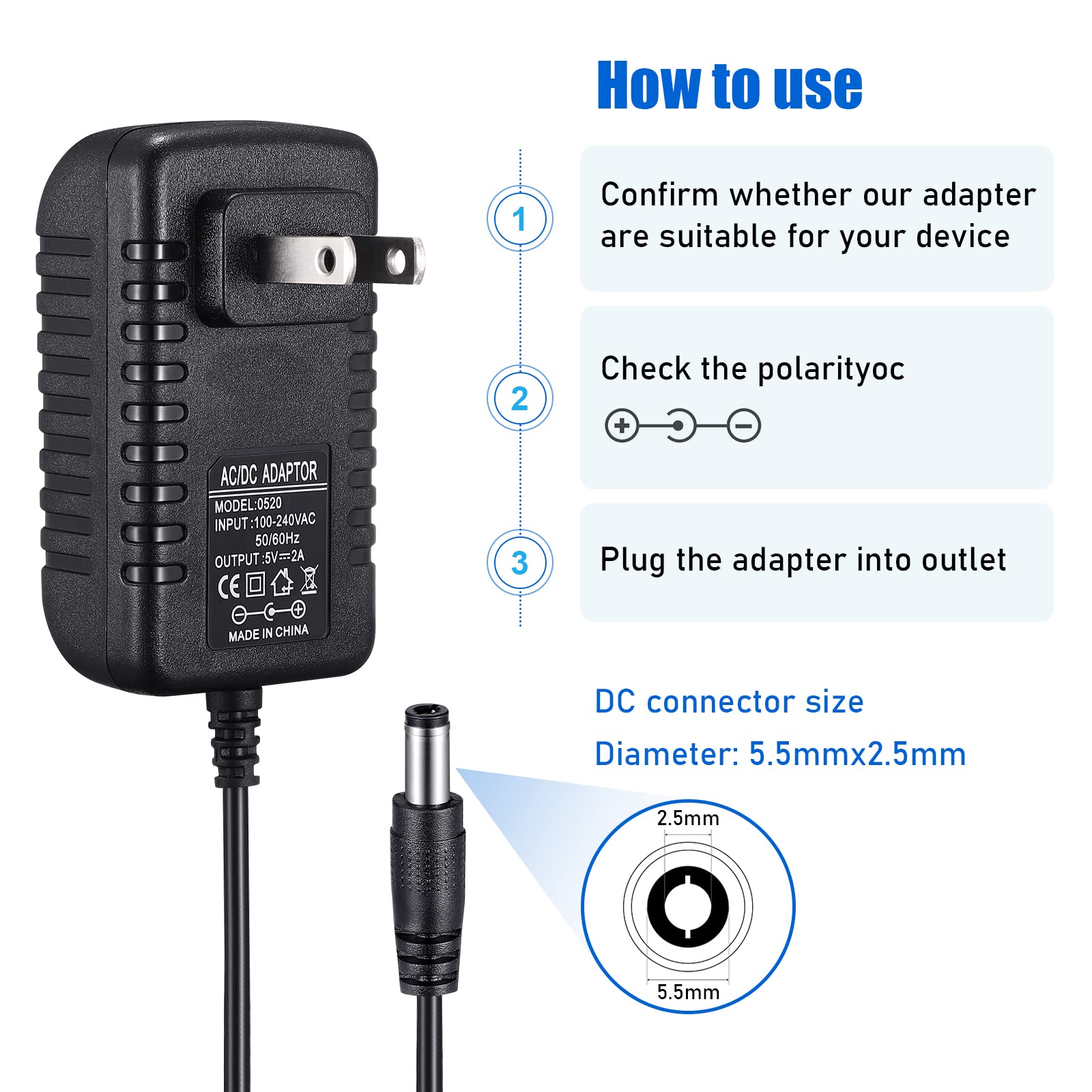 TOBWOLF 5V 2A Power Supply Adapter Universal Switching Transformer 5.5x2.5mm Plug