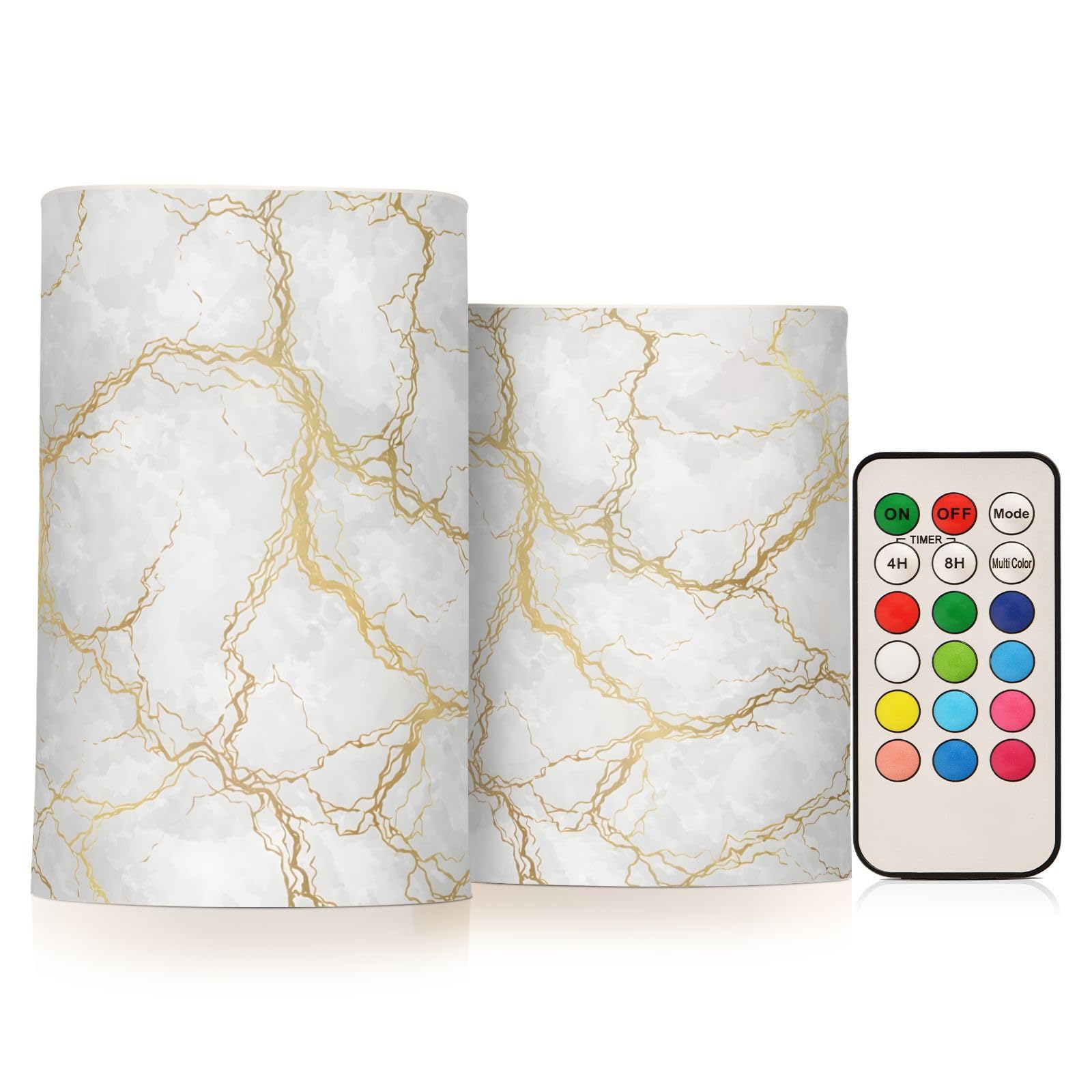 BOENLE Flickering Flameless Candles, Marble Gray White Golden Texture LED Candles with Remote Timer, Set of 2 Battery Operated C