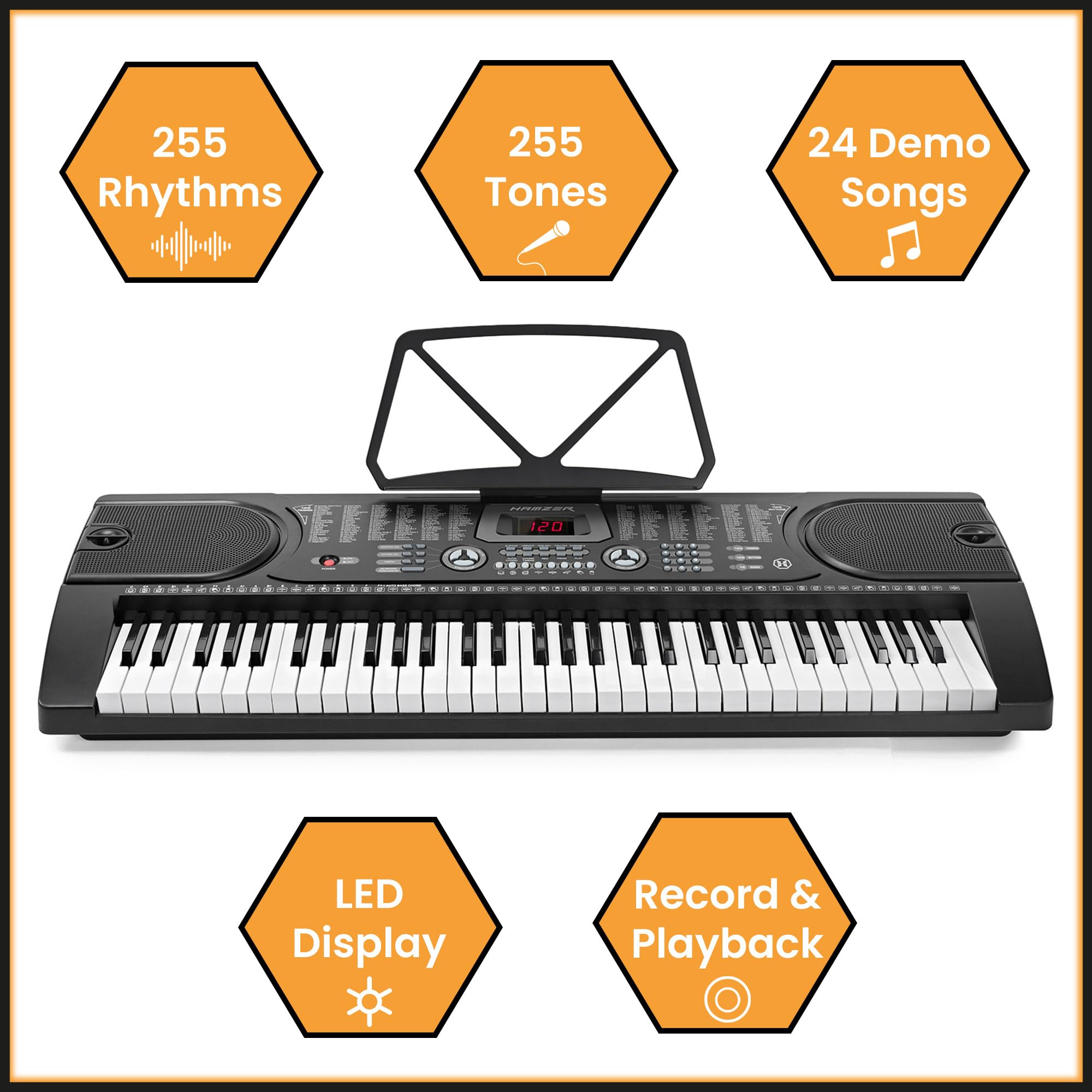 Hamzer 61-Key Digital Music Piano Keyboard - Portable Electronic Musical Instrument - With Microphone And Sticker Sheet