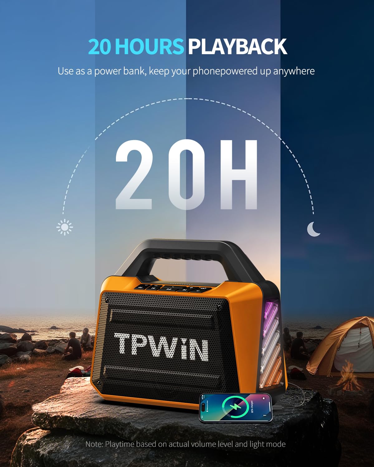 Tpwin Bluetooth Speaker - 80W Loud, Rugged Outdoor Speakers, Ipx6 Waterproof, 20H Playtime, Deep Bass, Lightshow, Tws, Bt 5.3 Wi