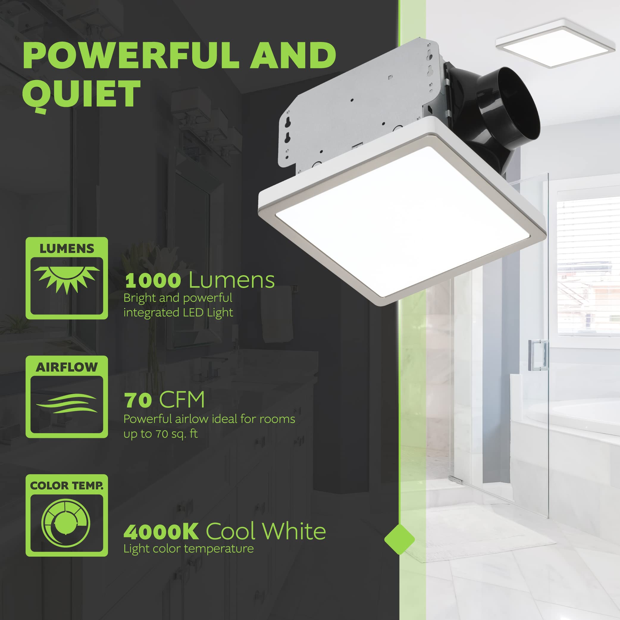 Homewerks 7105-10 Bathroom Fan with LED Light, Ultra Quiet 70 CFM, Brushed Nickel Trim