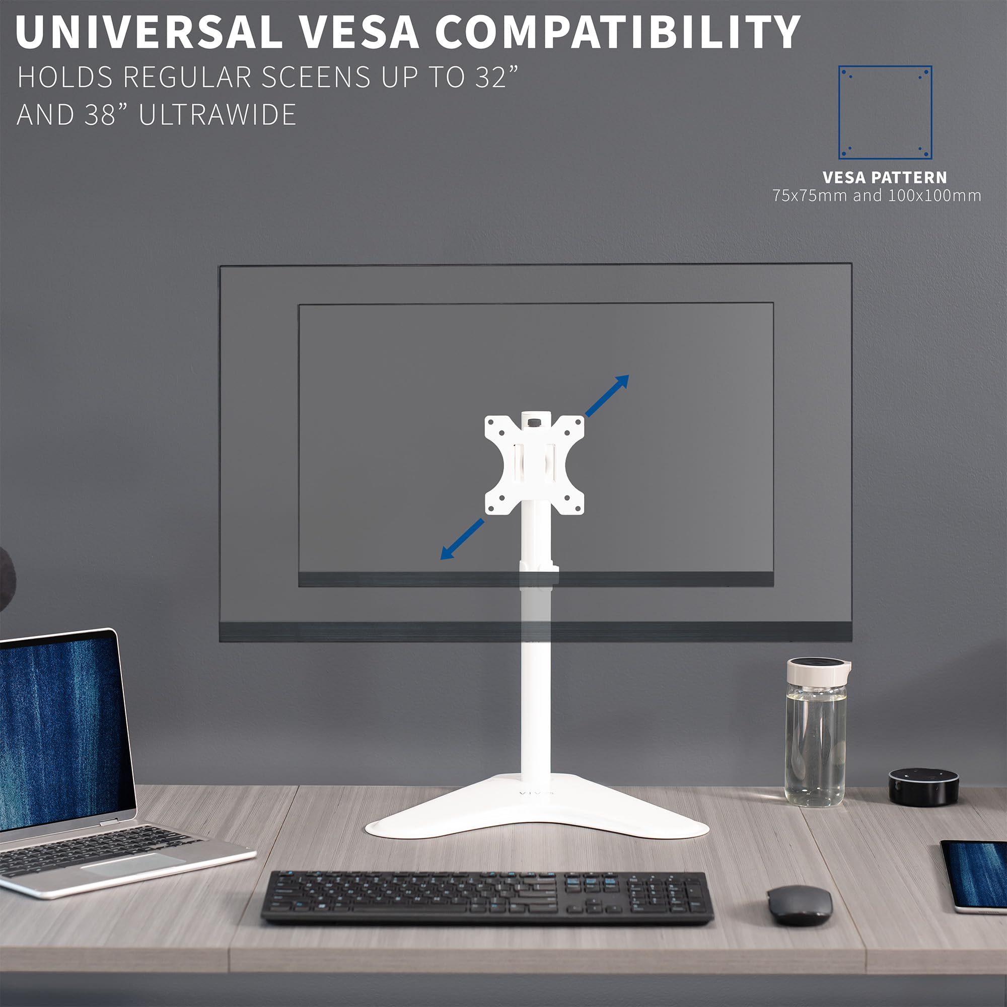 VIVO Single Monitor Desk Stand, Holds Screens up to 32 inch Regular and 38 inch Ultrawide, Freestanding VESA Steel Mount Base, Adjustable Height, Tilt, Swivel, Rotation, White, STAND V001HW