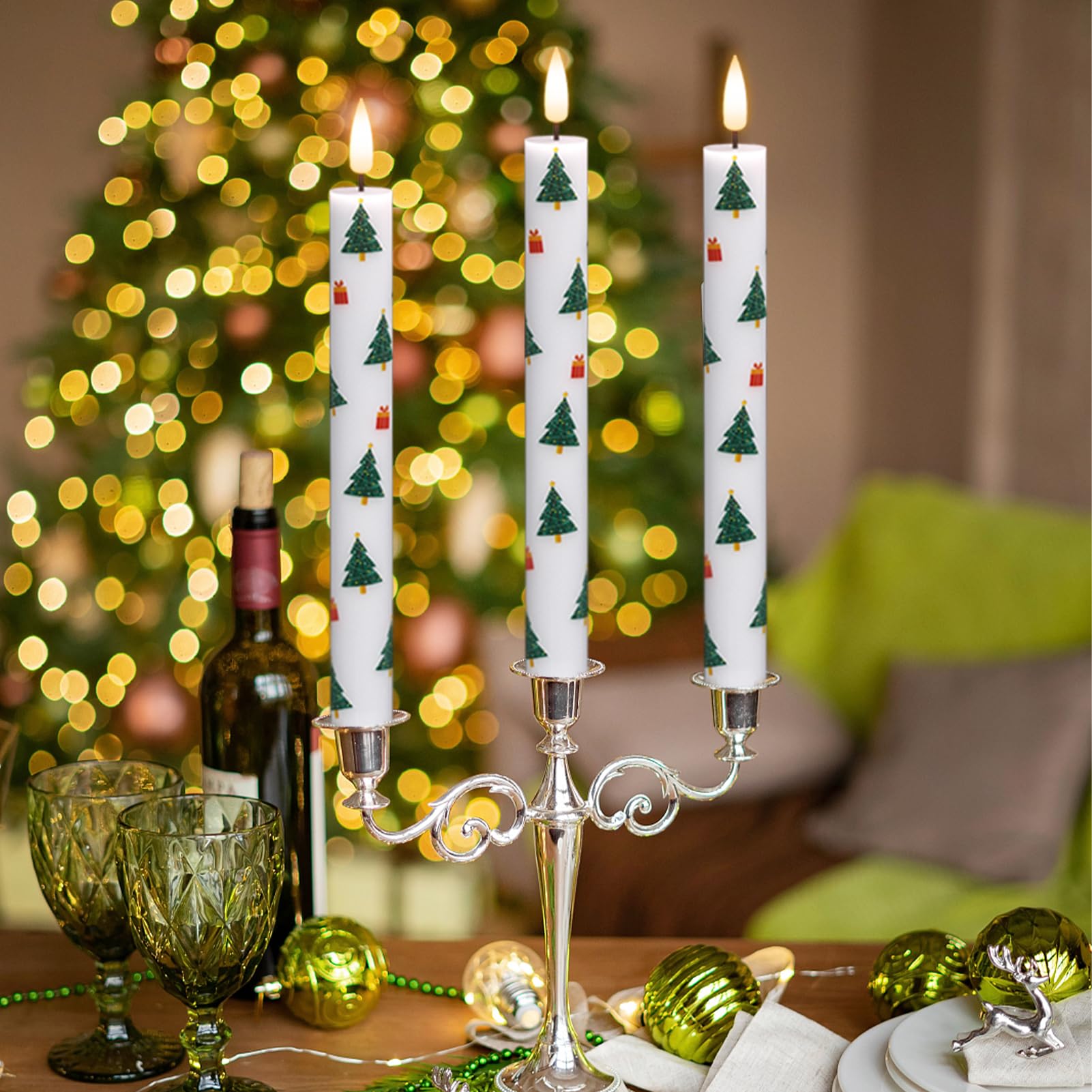 Eldnacele Christmas Taper Flameless Candles With Remote And Timer, Battery Operated 3D Wick Flickering Christmas Tree Decal Cand