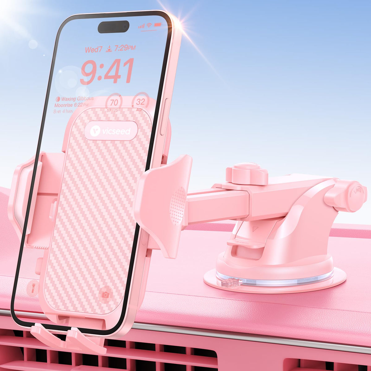 Vicseed Pink Phone Holder For Your Car [Sturdy & Durable] [Powerful Suction] Dashboard Windshield Air Vent Car Phone Holder Hand