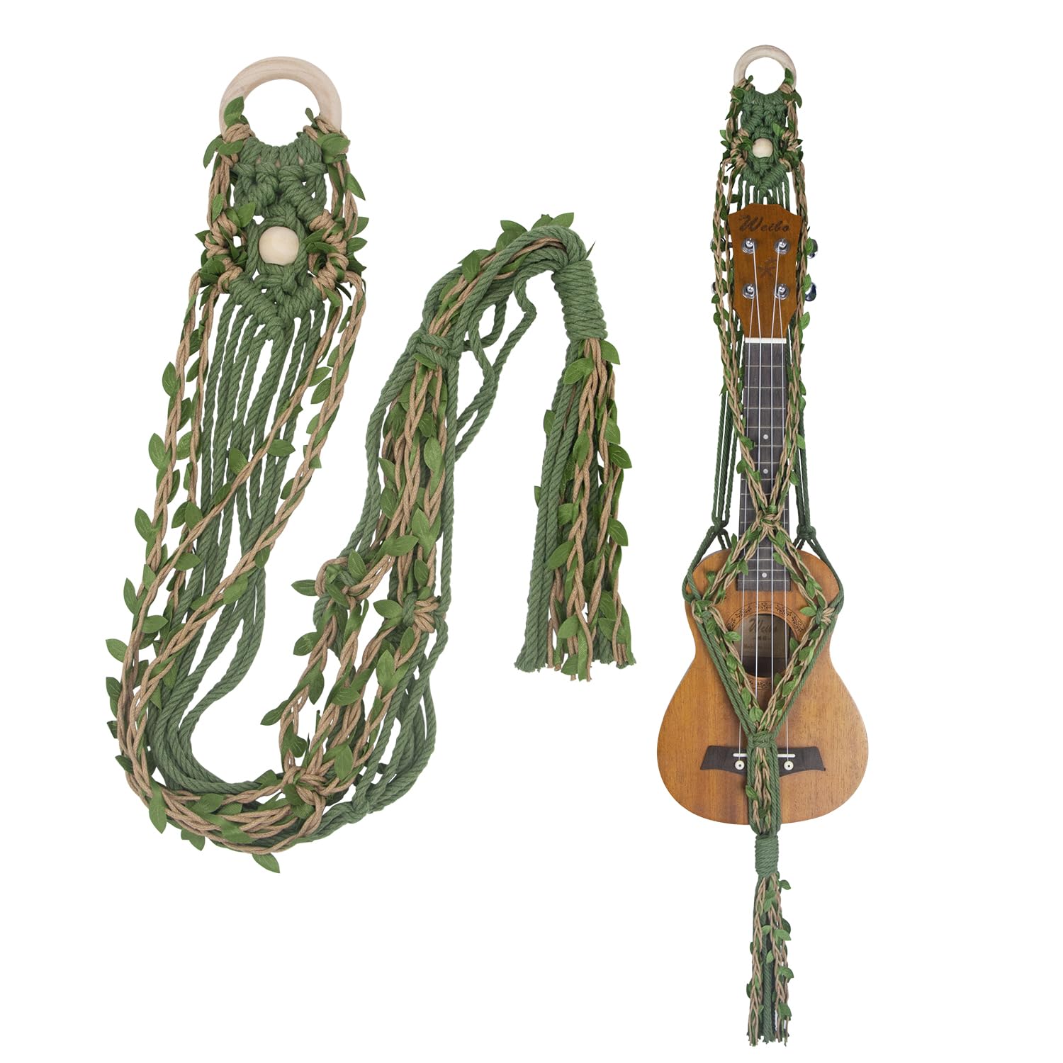 Macrame Ukulele Hanger Wall Mount - Handwoven Holder for Soprano Ukulele, Boho Wall Decor, Natural Cotton Rope with Protective P