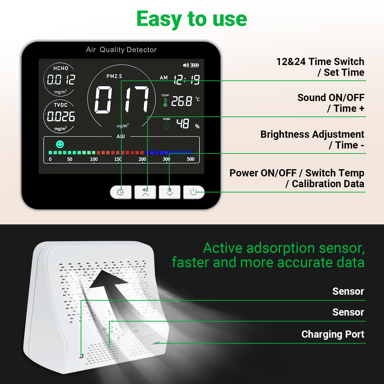 14 In 1 Air Quality Monitor Indoor With Beep Alarm, 6 Aqi Air Quality Detector With Pm1.0|Pm2.5|Pm10|Hcho|Tvoc|Aqi|Temperature|H