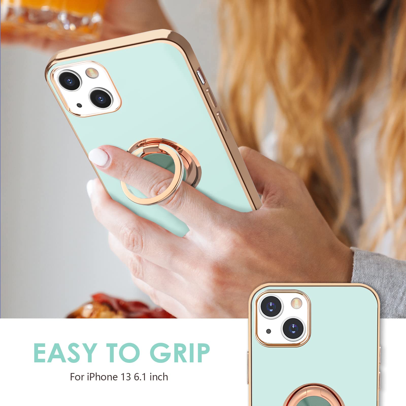 Hython iPhone 13 Ring Stand Phone Case Magnetic Kickstand Rose Gold Edge TPU Mint