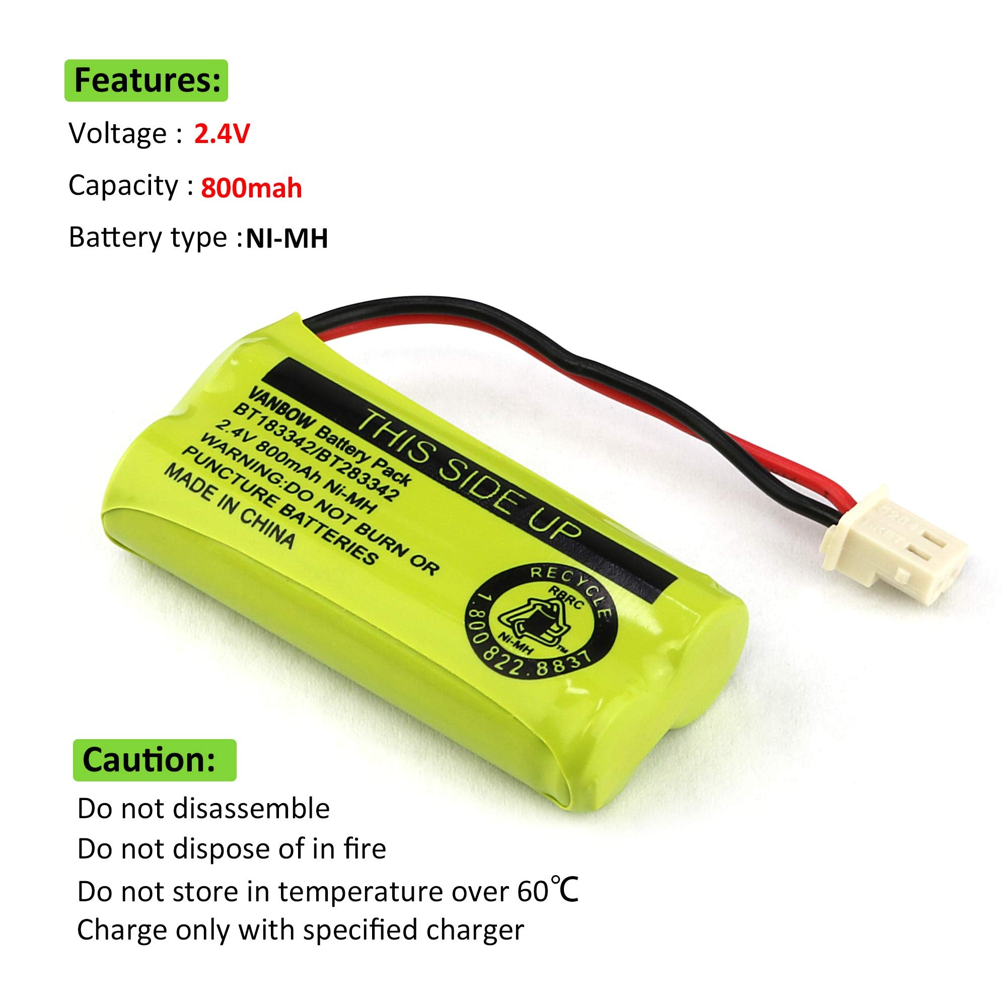 Vanbow Bt183342/Bt283342 2.4V 800Mah Ni Mh Battery Compatible With At&T Vtech Cordless Phone Batteries Bt166342/Bt266342 Bt16234