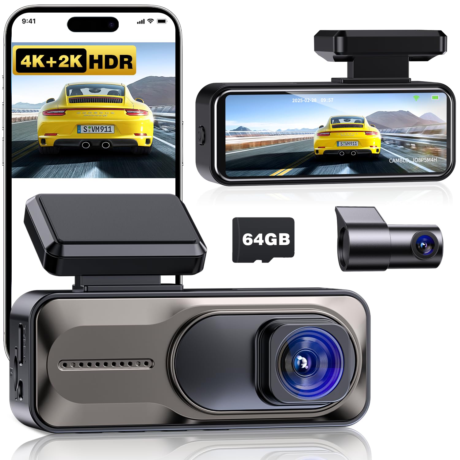 Camblo 4K+2K Dash Cam Front And Rear,3.2'' Ips Full Screen Dual Dash Camera For Cars,Free 64G Card,5G Wi Fi App Control,Hdr Ning