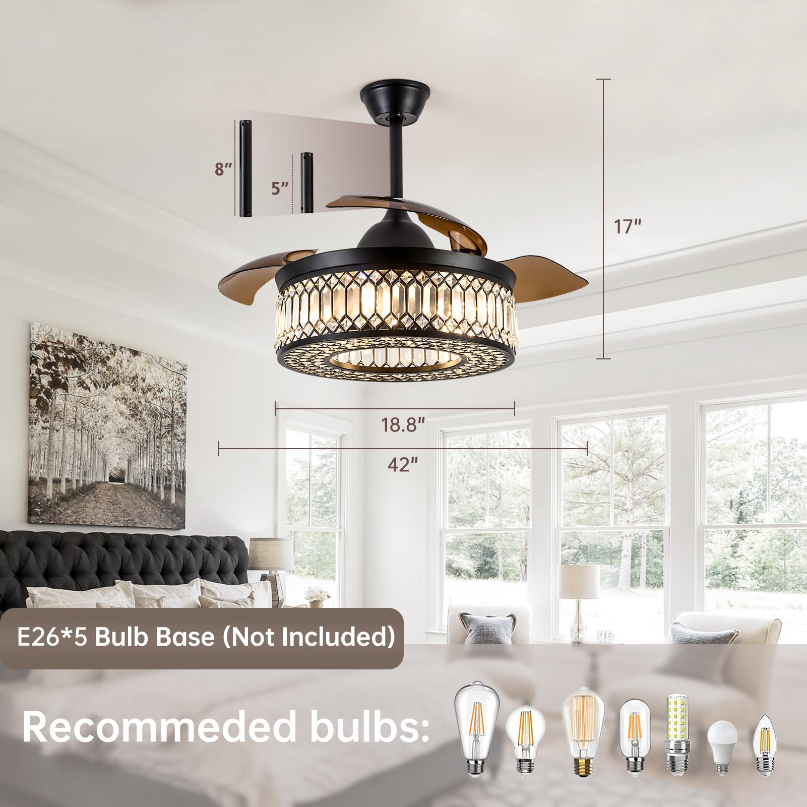 42 Inch Retractable Ceiling Fans With Lights And Remote, Modern Industrial Black Fandelier With 3 Retractable Abs Blades, Invisi