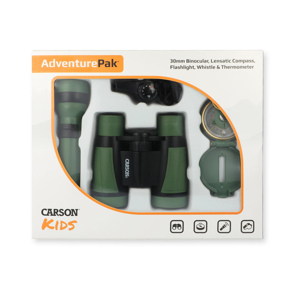 Carson AdventurePak Containing 30mm Kids Field Binoculars, Lensatic Compass, Flashlight and Signal Whistle with a Built-in Thermometer (HU-401), Multicolor