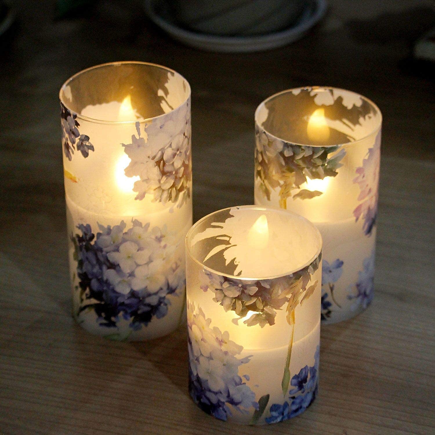 Gorge Moment Blue Violet Hydrangea Flameless Candles Led Flicker With Remote Dim Love Theme Summer Spring Decorative Glass Decor