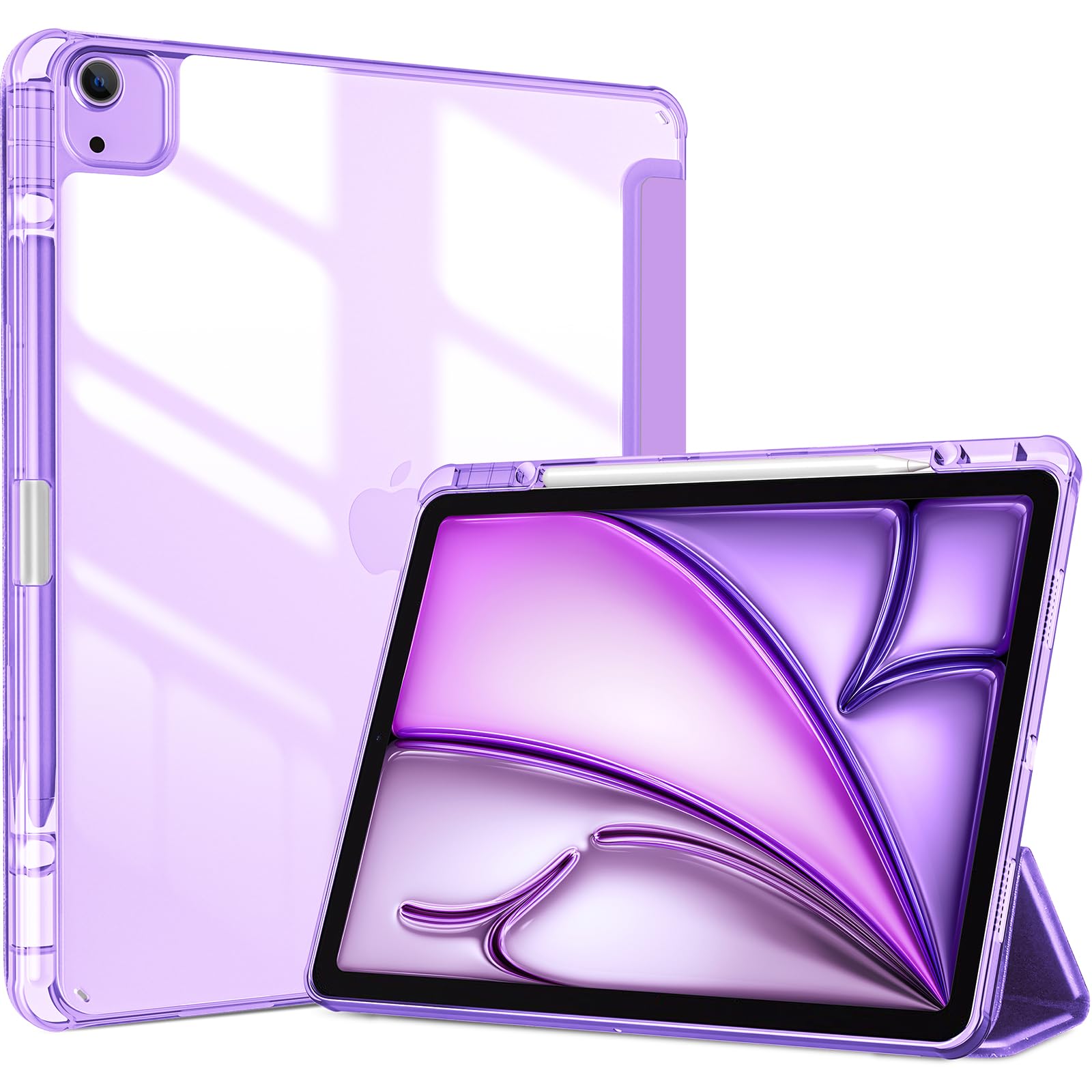 Procase For Ipad Air 13 Inch Case M3 2025/M2 2024 With Pencil Holder, Hybrid Smart Cover Ipad 13 Air M3 M2 Case With Clear Transparent Back, Supports Touch Id, Auto Wake/Sleep  Purple