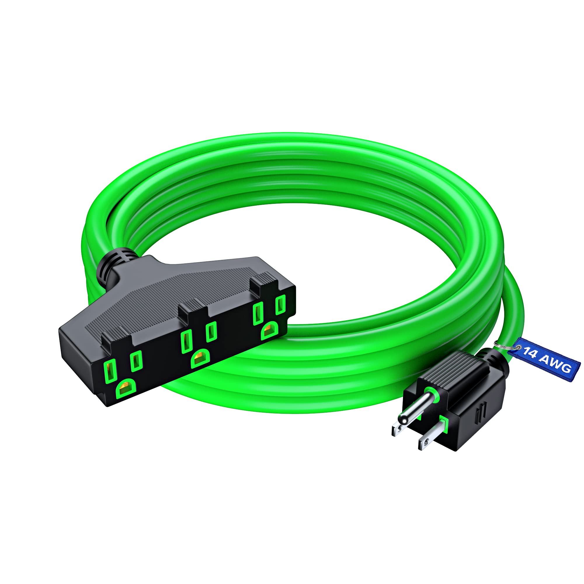 Extension Cord 15 Feet, Sjtw Extension Cord With Multiple Outlets, 14 Gauge (Green) Etl Listed