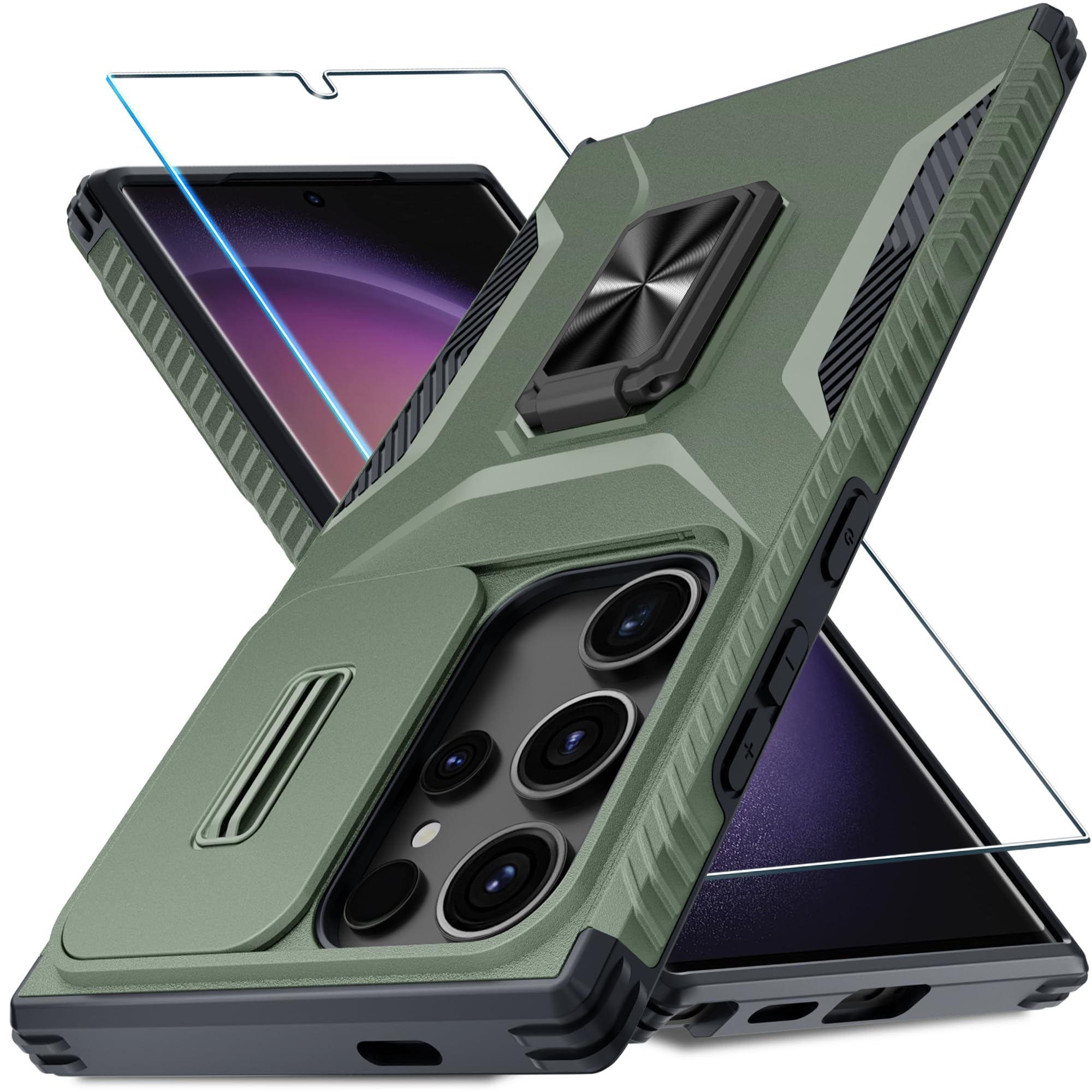 Casejeen For Samsung Galaxy S24 Ultra Case With Tempered Glass Screen Protector And Camera Lens Cover,Rotated Ring Stable Kickst