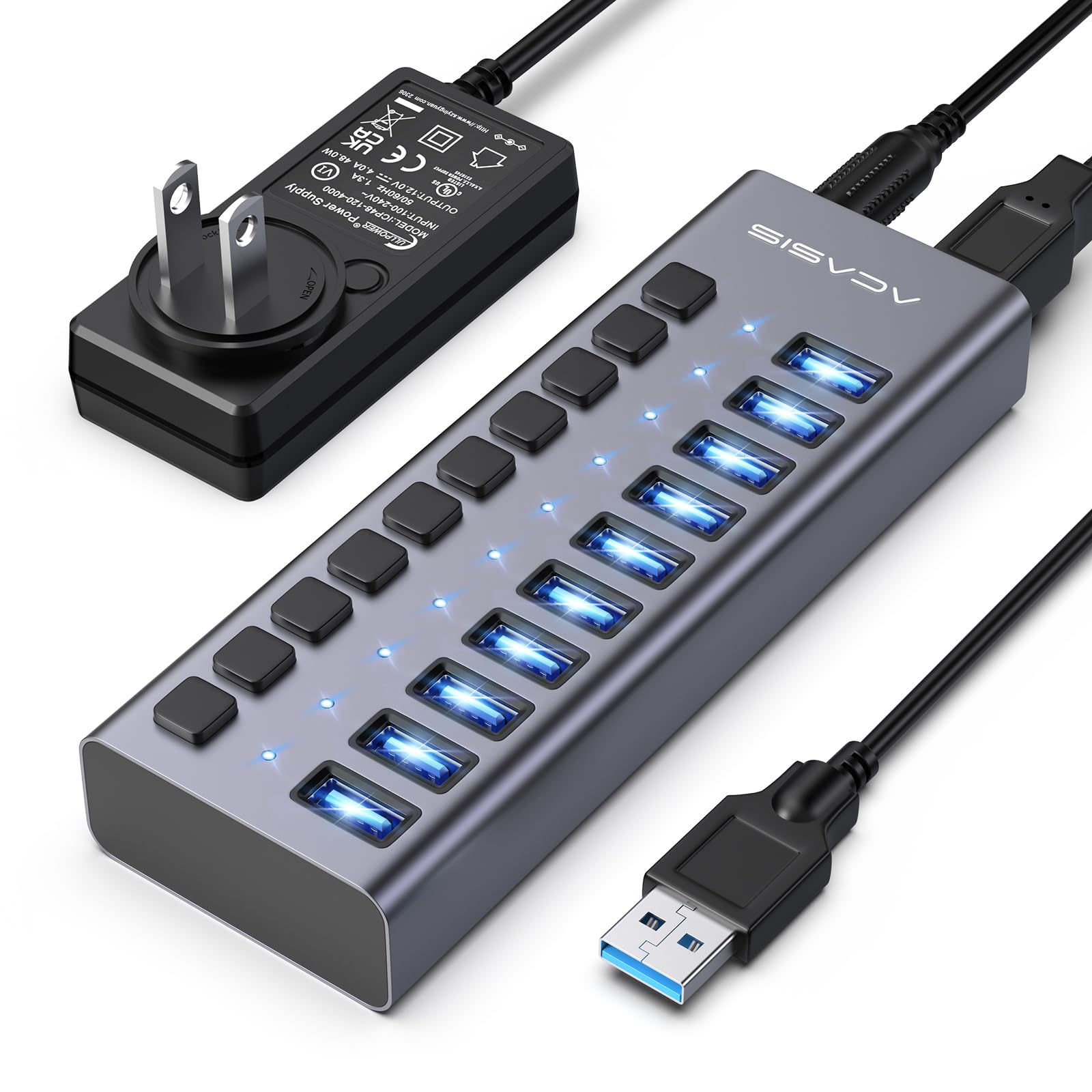 Acasis Powered Usb Hub,10 Ports Usb 3.1 Hub With 10Gbps Data Speed, Individual On/Off Switches, 12V4A 48W Power Adapter, Usb Hub 3.1 Powered For Macbook, Mac Pro/Mini, Surface Pro Laptop/Pc