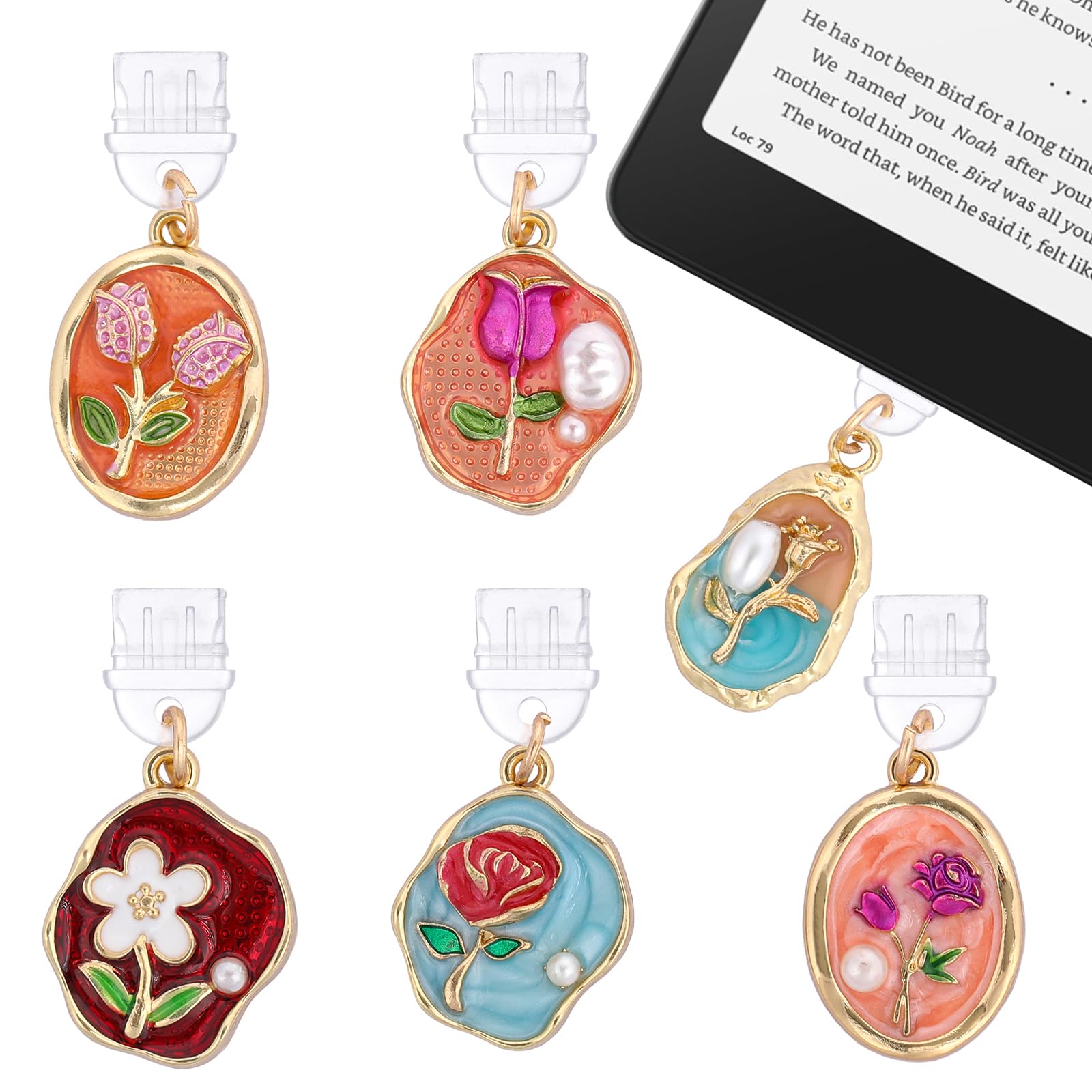 TAKEALOOKO Vintage Flower Charms for Kindle - 6 Pcs Retro Aesthetic Dust Plug Rose Design Compatible with Kindle & Phone Type C,