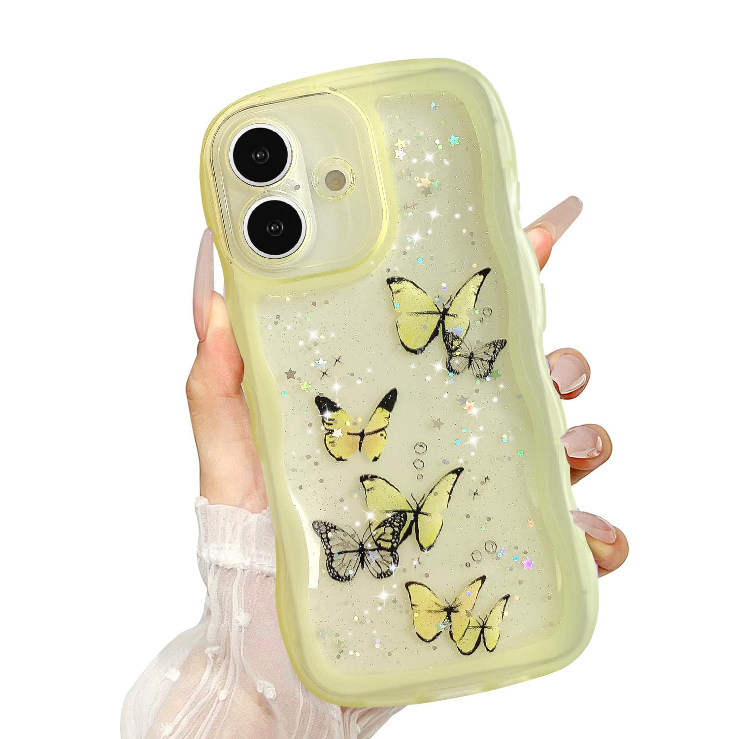 UEEBAI Wave Butterfly Case for iPhone 16 Case, Pretty Bling Star Butterfly for Women Cute Shiny Glitter Phone Cover for Girls Bl