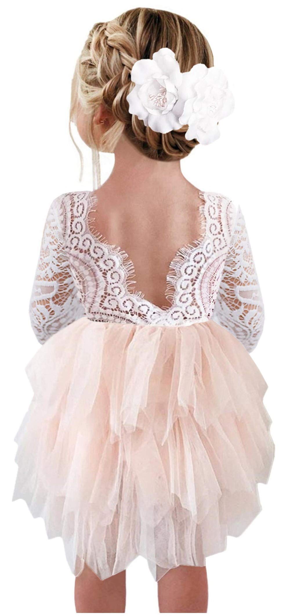 2Bunnies Girl Peony Lace Back A Line Tiered Tutu Tulle Flower Girl Dress (Pink 34 Sleeve Short, 6Months)