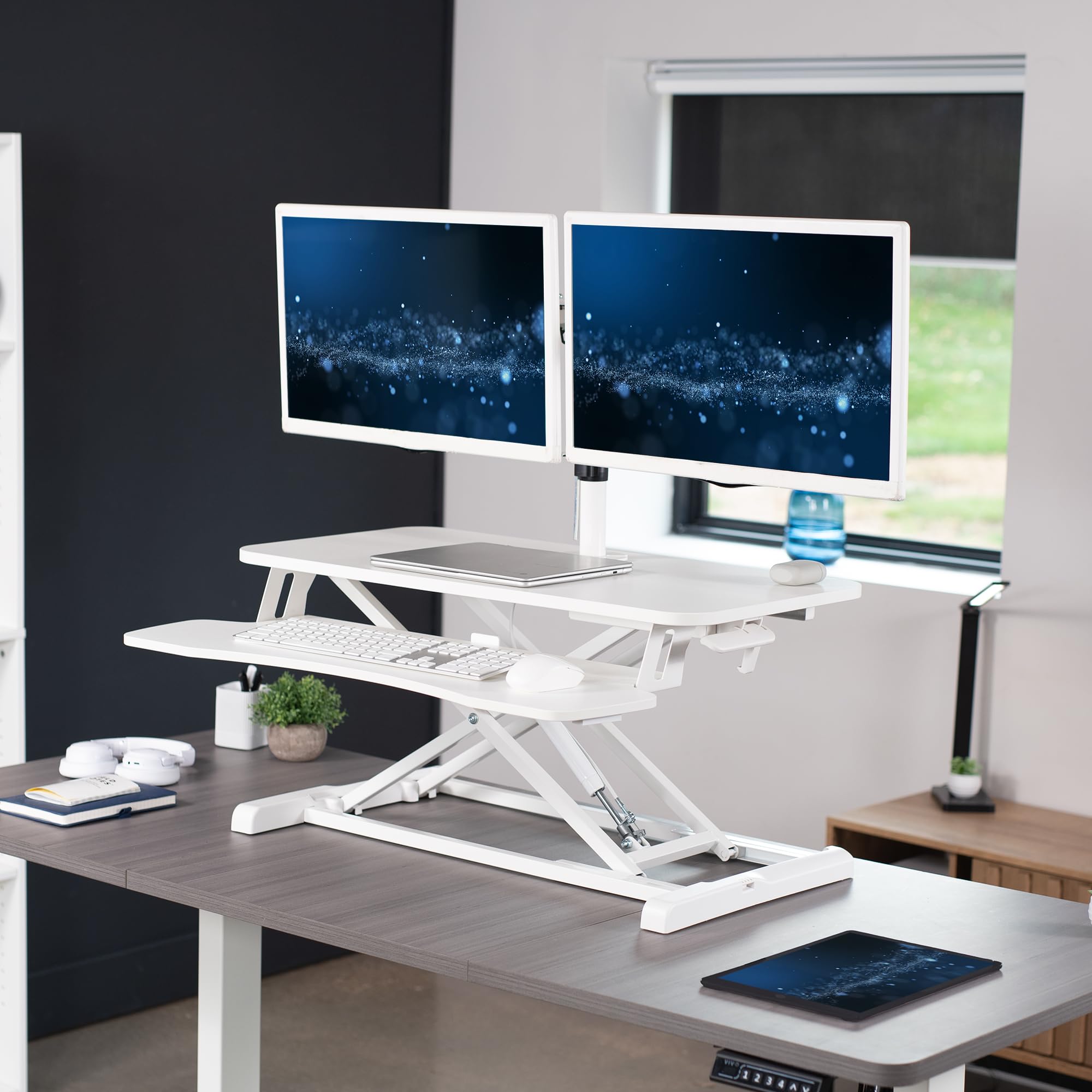 Vivo Height Adjustable 32 Inch Standing Desk Converter With Dual 13 To 30 Inch Monitor Stand, Sit Stand Monitor Mount And Desk R