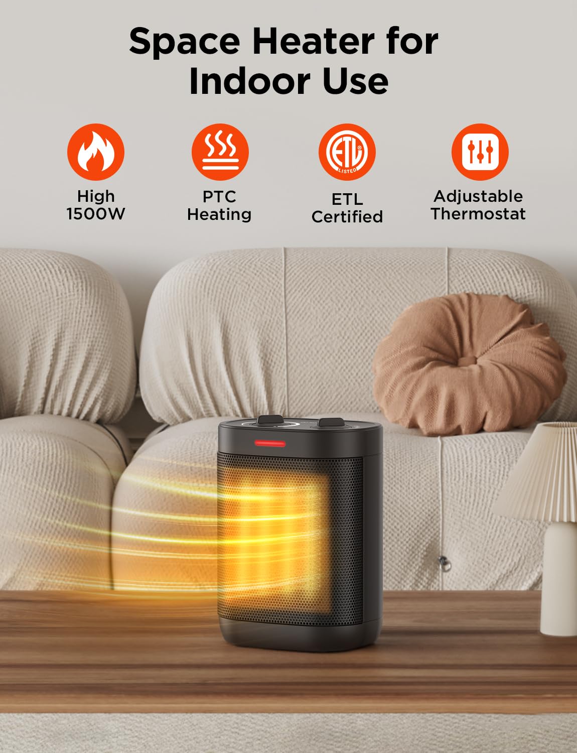 1500W Small Space Heater, Electric Heaters For Indoor Use, Ptc Ceramic Heater With Adjustable Thermostat, Portable Space Heater