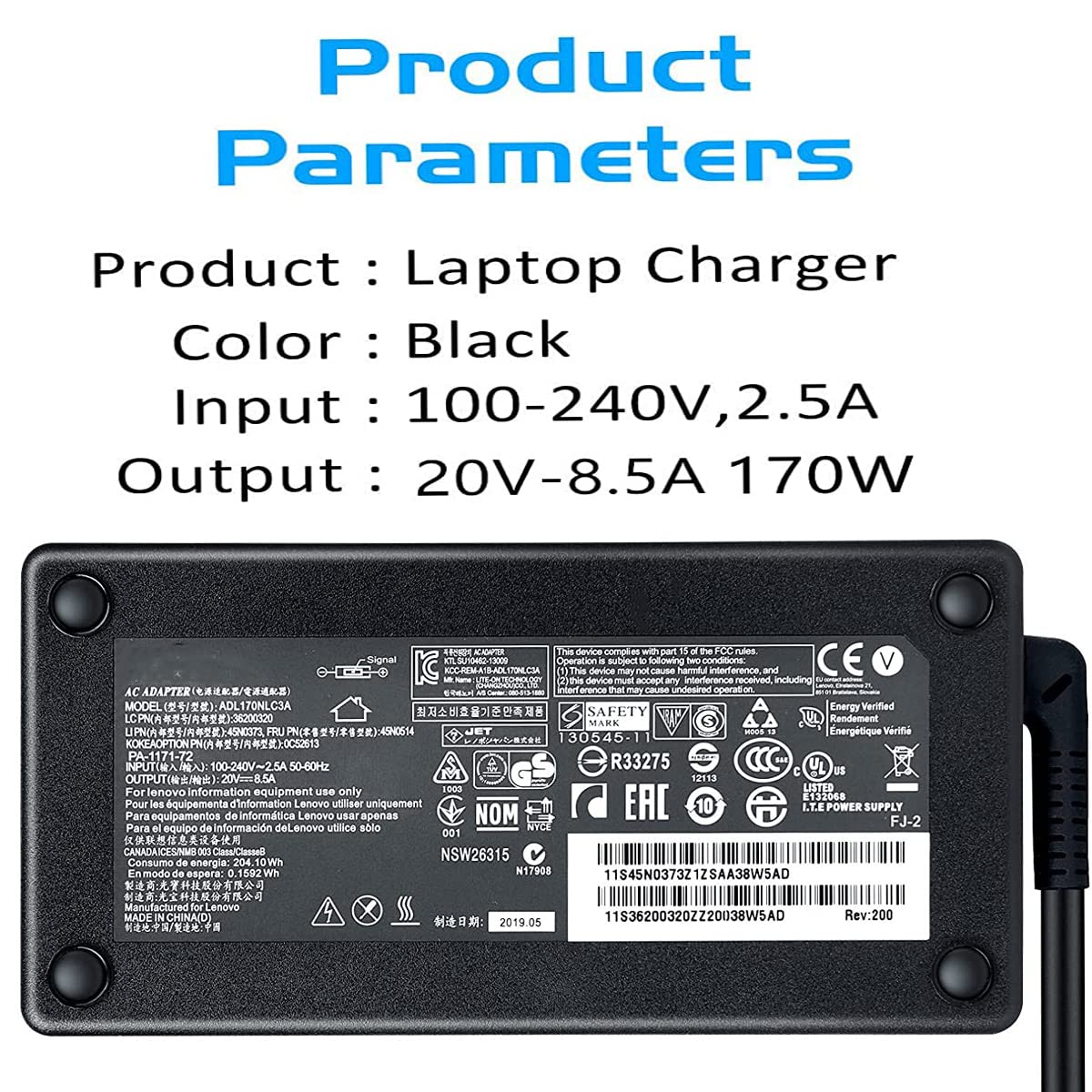 LVYATUO 170W ThinkPad Charger for Lenovo P1 P15 P17 T15g T15p P16 P50 P52 P53 W540 W541 - Black Laptop Power